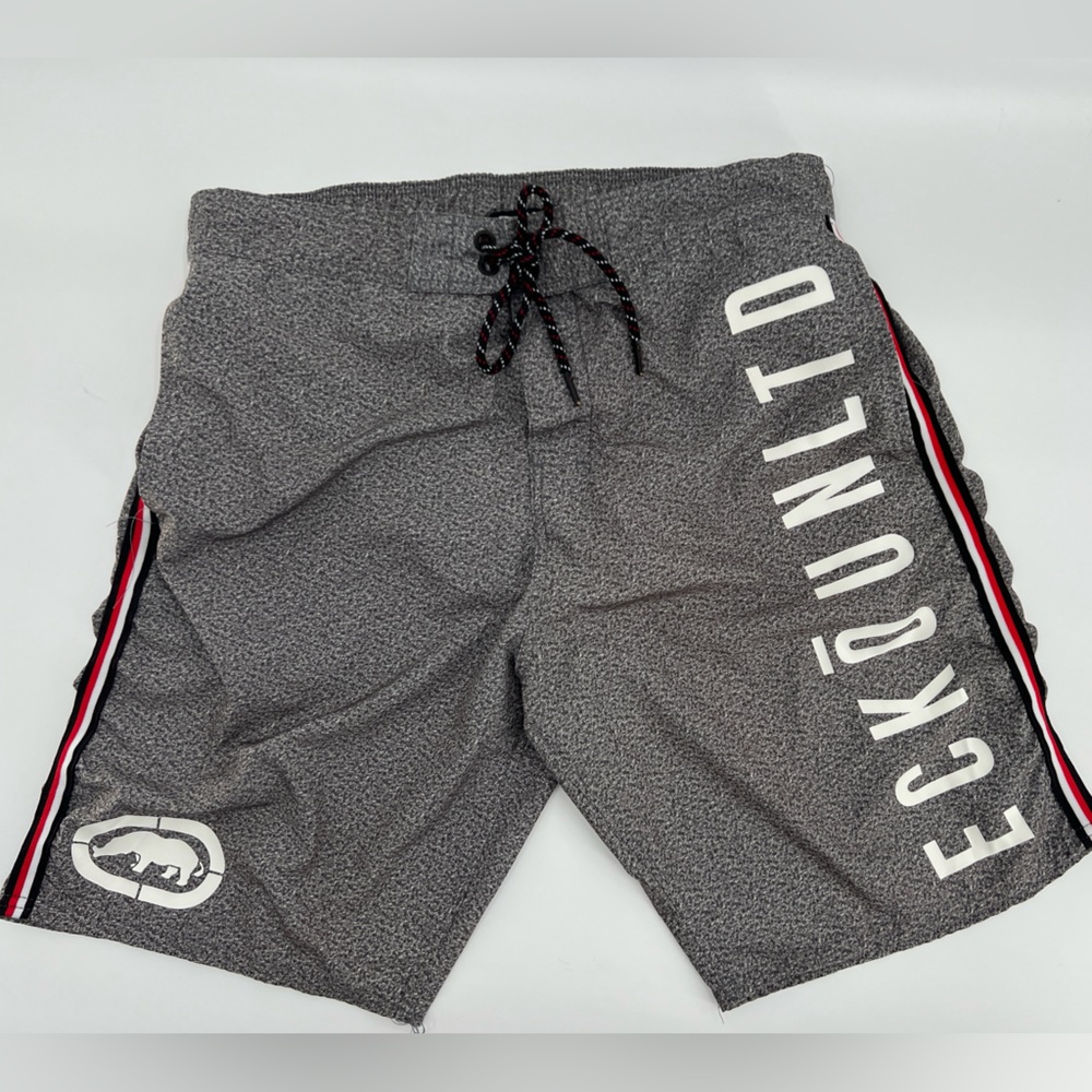 ECKO Y2K MENS XL GRAY RED PULL ON LINED SWIM TRUNK LONG STREETWEAR BOARD SHORTS